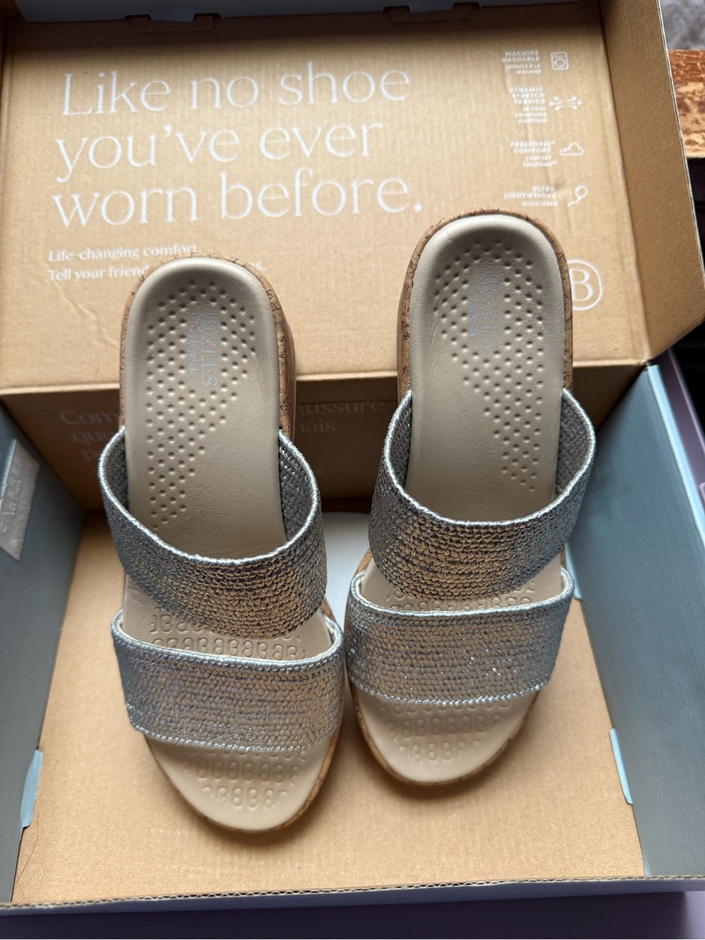 Bzees Silver Glitter Double Strap Slide Sandals